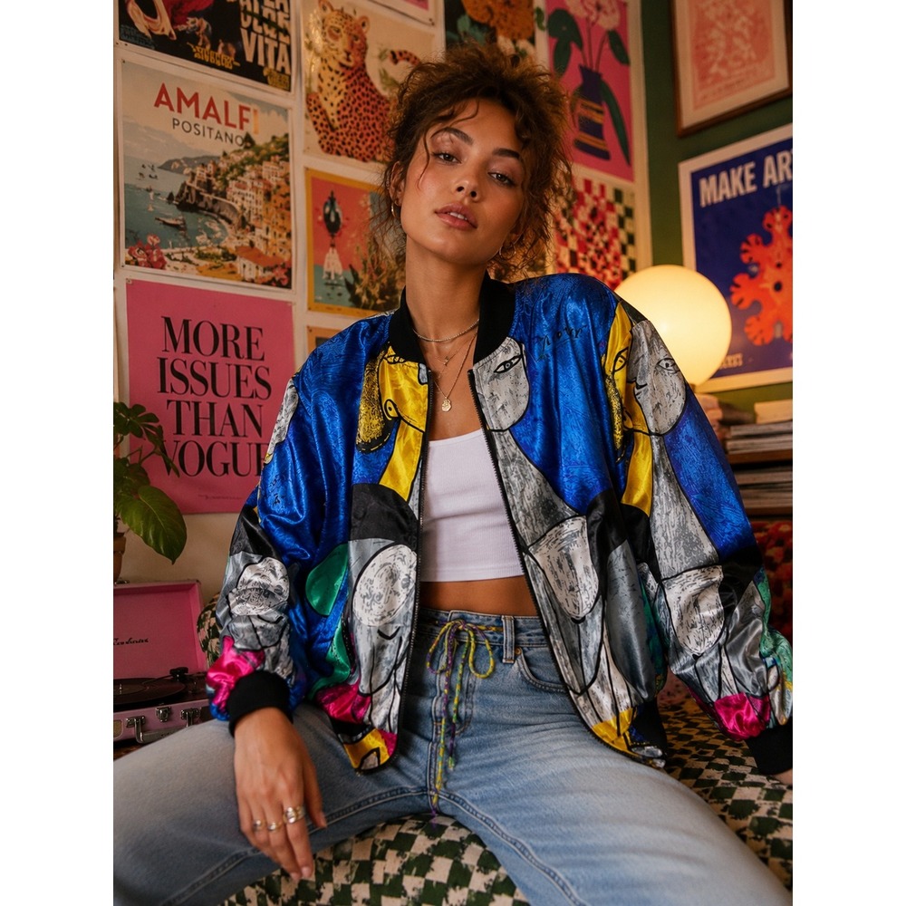 Mighty Picasso‎ Art Print Bomber Jacket Abstract Face Graphic Blue Multicolor OS